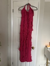 Oh Polly Hot Pink Ruffle Halter Maxi Dress - Size UK 10