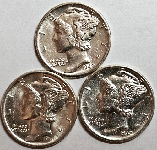 1940 1941 1942 BU Silver Mercury Dimes (3 coins) Free Shipping