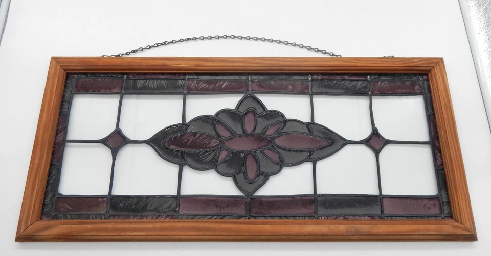 VTG Stained Glass Transom 26" x 12" Window Wood Framed Hanging Panel W/Chain - Image 3 of 4