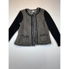 Chico's Black Tweed Herringbone Jacket with Leopard Print Trim