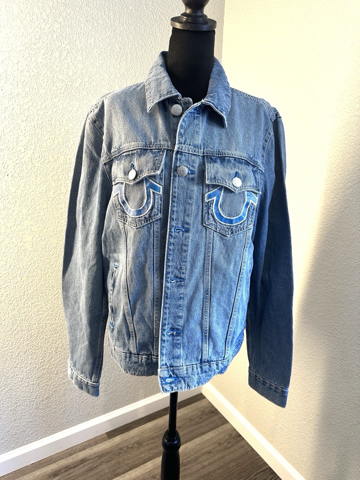 True Religion Light Blue Denim Jacket with Signature Stitching and logo Size M image 3