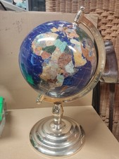 Globe Gemstone World Map Blue Lapis on Brass Stand. Total Height 16"