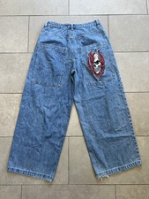GLOE Wide Leg Baggy Fit Skater Skull Embroidered JNCO Style Denim Jeans 33x30