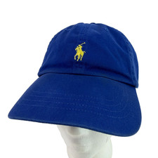 Polo By Ralph Lauren Leather Strapback Hat Cap Blue Embroidered Yellow Pony
