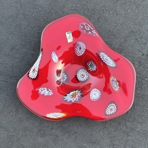 Vintage Murano Red Glass Millefiori Bowl Candy Dish FRATELLI TOSO Italy 12"