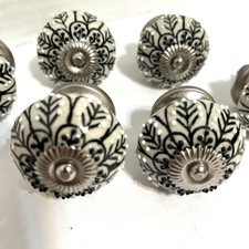 Ceramic Black Beige Hand Painted Knobs Decorative Drawer Pulls Lot Of 8