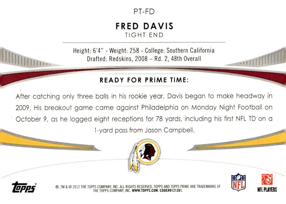 2012 Topps Prime (Hobby) #PT-FD Fred Davis Primetimers - Image 2 of 2