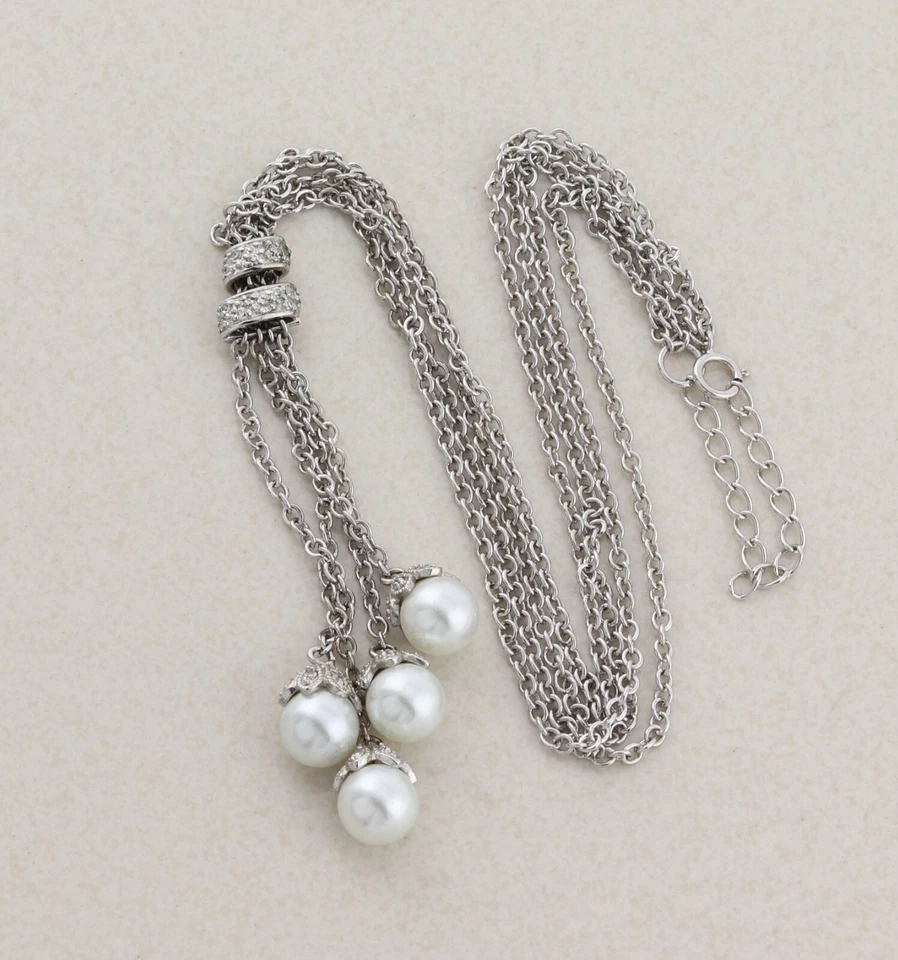 Collar de plata de ley de dos hilos de perlas Lariat de 16" a 18" Foto 3 de 4