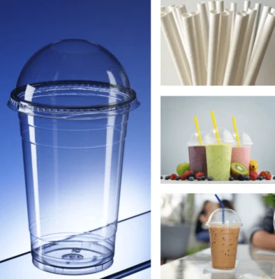 AIOS Drinkwize Smoothie Cups, Dome Lids, Straws. Reusable Plastic. 340ml (Pack Of 50)