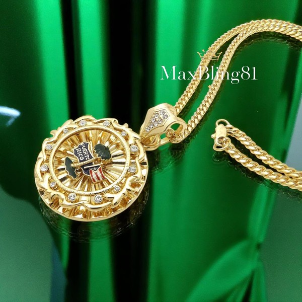 Alternate view of Puerto Rico Flag Gold Plated Medal Pendant 4mm Cuban Chain Necklace