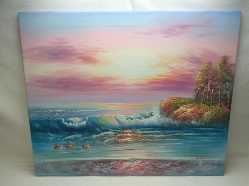 Quadro paesaggio marino onde oceaniche tramonto riva mare alberi autunnali colori rosa blu - Foto 13 di 22