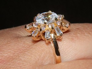 Authentic Gold Plated Oval Solitaire w/Baguette Round Accents Cz Ring Sz 7