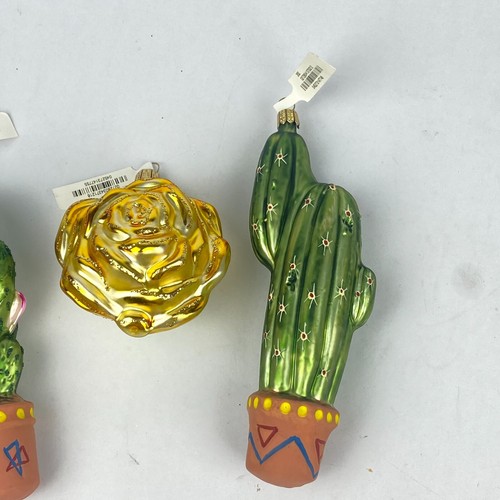 3 Blown Glass Christmas Ornaments Yellow Rose Cactus Southwest Germany w/ Tags - Picture 11 of 12