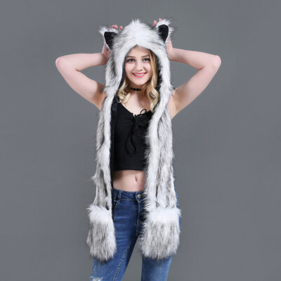 Men Women 3 in 1 Animal Hat Scarf Mittens Fluffy Plush  display picture 3
