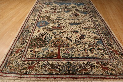 4x6 FINE VERY UNIQUE BIRDS DEER HUNTING TREE-OF-LIFE HANDMADE WOOL RUG 585185