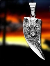 Big NATIVE WOLF HEAD TOOTH ANIMAL pendant 24 " 925 Sterling Silver Necklace FANG