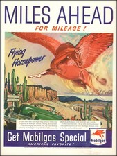 1946 vintage AD MOBILGAS  Flying Red Horse  art car climbs desert hills  102020