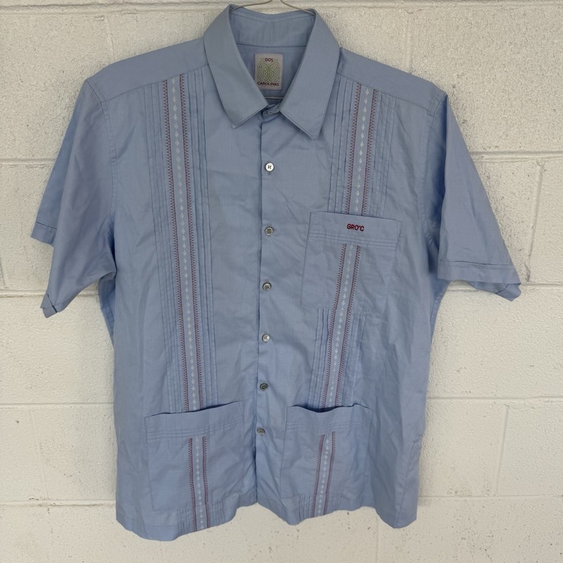 DOS CAROLINAS Guayabera Shirt Men’s L/XL Blue Embroidered Cotton Cigars GRO’C