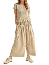 2-Teiliges Damen-Set Aus Gesmoktem Oberteil und Weiten Hosen - Lounge-Outfi9831