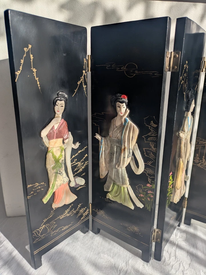 Black Lacquer Carved Soapstone and Hand Painted 4-Panel Table Top Folded Screen - Image 3 of 4