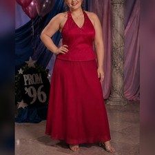David's Bridal 00s Y2K Red Beaded Halter Bridesmaid Formal Evening Dress sz 16