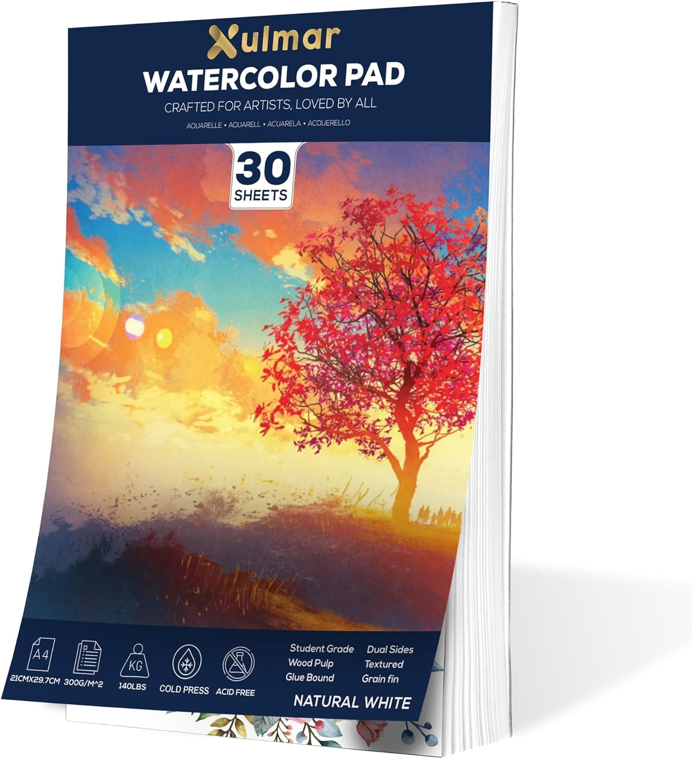 Xulmar Watercolour Paper Pad - A4 x 30 Sheets, 300 GSM Cold-Pressed 100% Acid-F