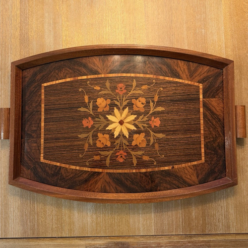 Vintage Wood Serving Tray Floral Marquetry Inlay Gallery Tray 22.5 x 14.5