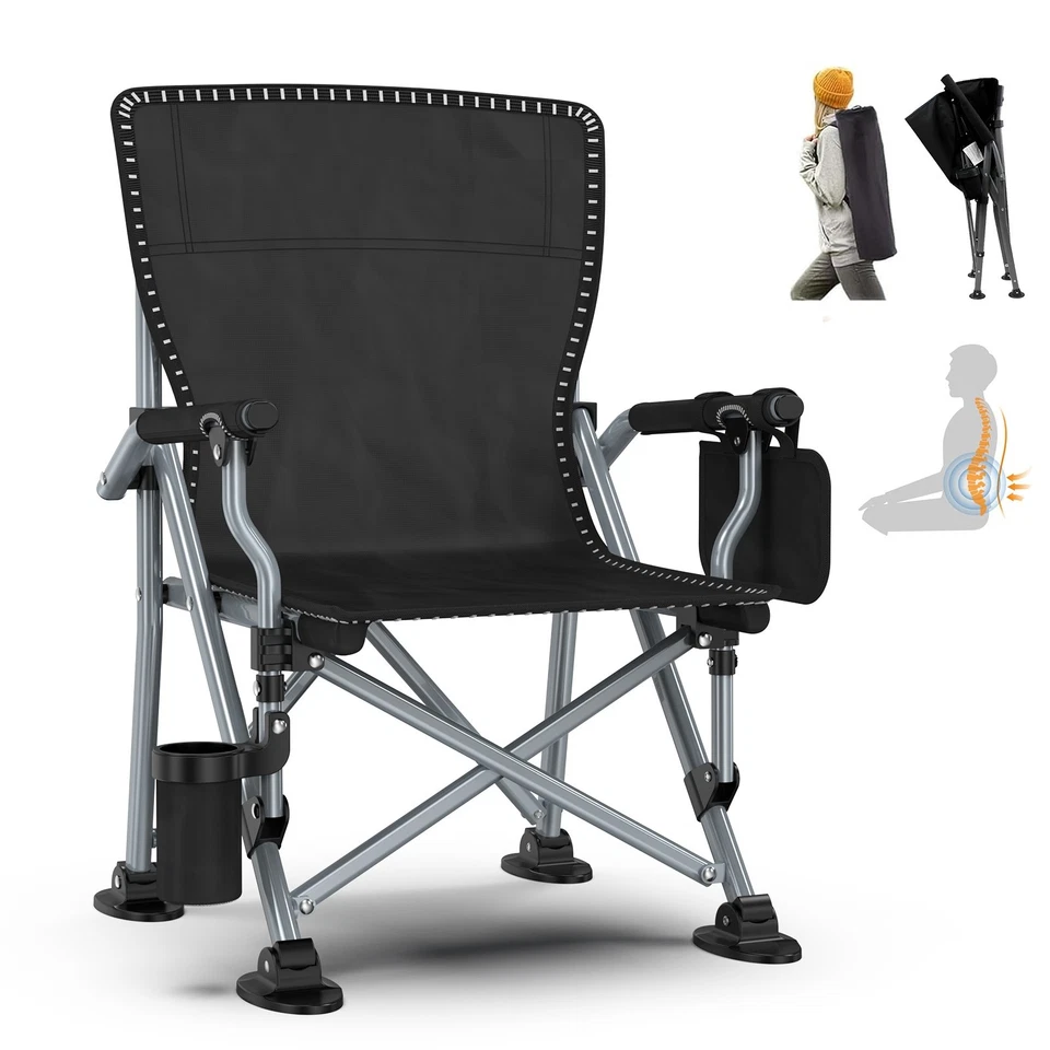 Black Portable Camping Chair Heavy Duty Folding Chair w/ Cup Holder Oversized - Image 2 of 4