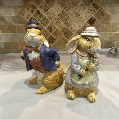 Porcelain Mr. & Mrs. Rabbit.  He Has Blue Hat & Coat.  She s In A Dress W/Apron