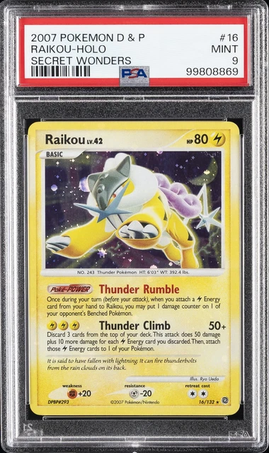 2007 POKEMON DIAMOND & PEARL SECRET WONDERS #16 RAIKOU-HOLO PSA 9