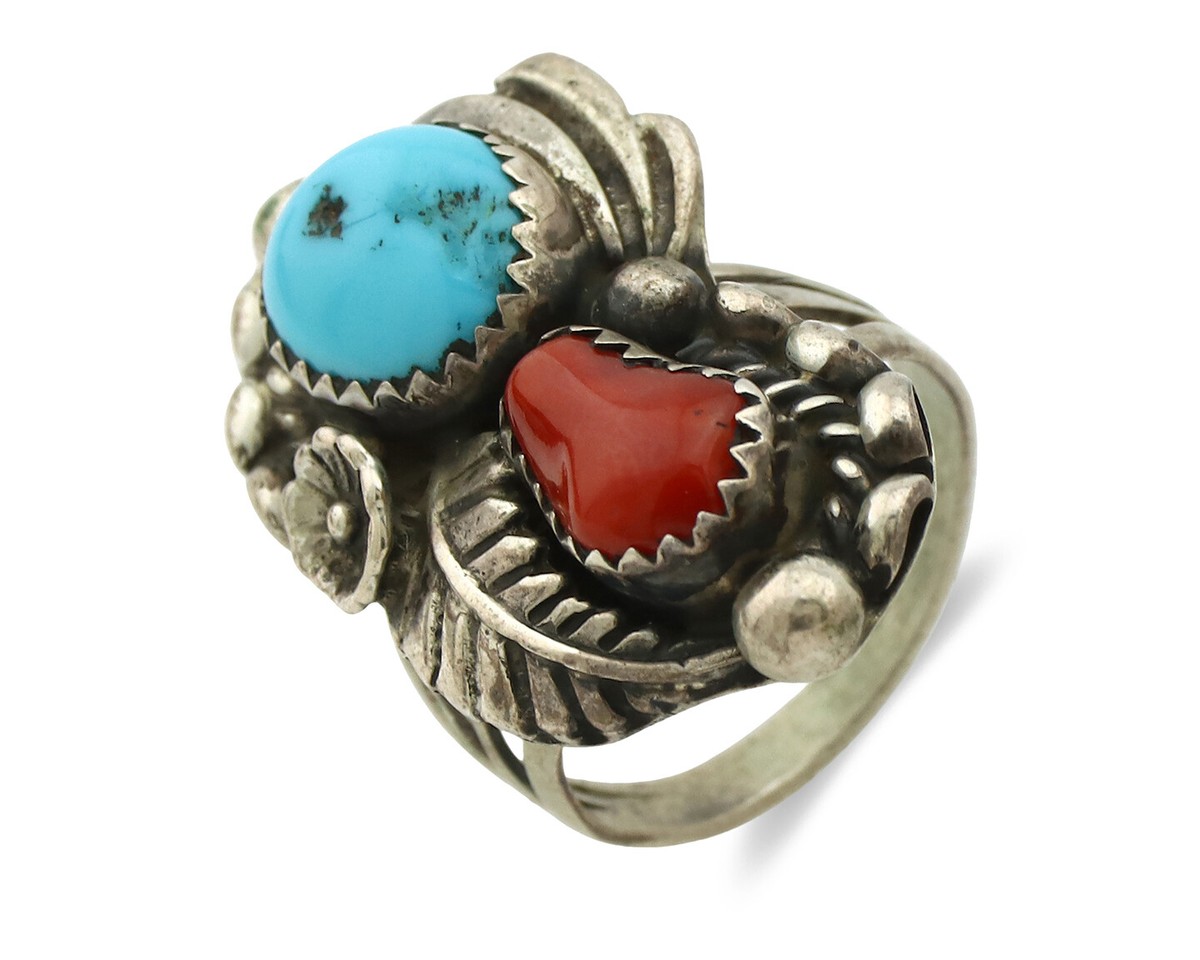 Navajo Ring .925 Silver Turquoise & Coral Artist Signed Thomas