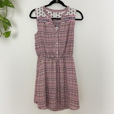 GAP Woman Sz XS Pink Boho Pintuck Shirt Dress Pockets Medallion Floral Tie Waist