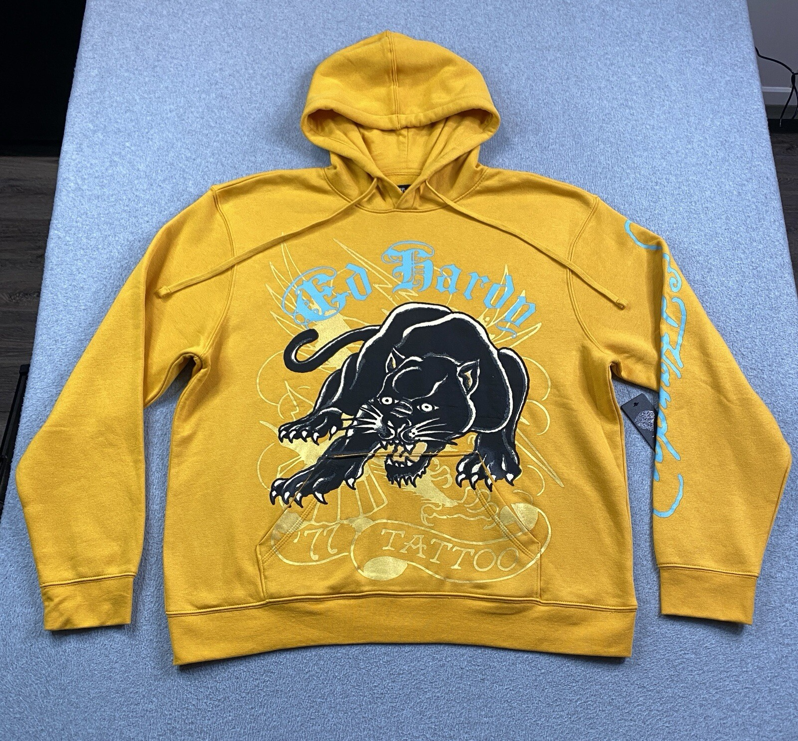 NEW Ed Hardy Hoodie Mens XL Crouching Panther Graphic Print Fleece Marigold NWT