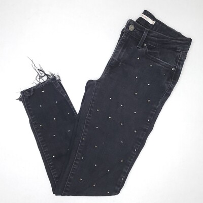Levi's 711 Skinny Womens 27 Low Black Rhinestones Studded Cropped Raw Hem Jeans 