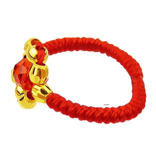 Pure 999 24K Gelbgold Band Männer Frauen Perle rote Kordel Gestrickt Geflochtener Ring 0,6 g - Bild 3 von 9