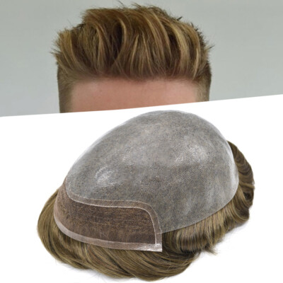 Mens Toupee French Lace Front Poly PU Hairpiece Skin Hair Replacement System Wig