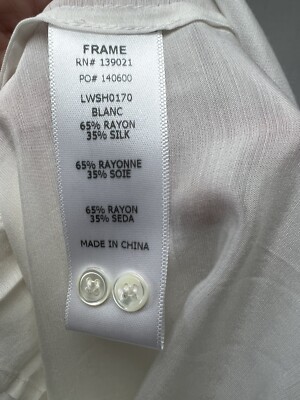 FRAME Button-Up Sheer Shirt Top M Silk Blend White Lace Trim Cap