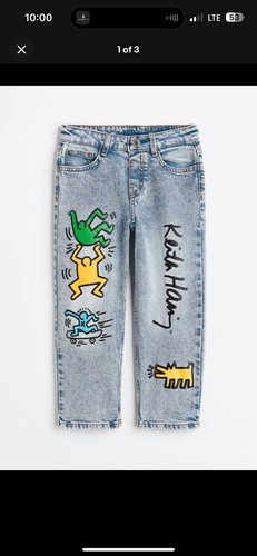 H&M Rare Keith Haring Stone Washed Jeans Pants Size 5T Dog Skateboard Figures - Picture 5 of 7