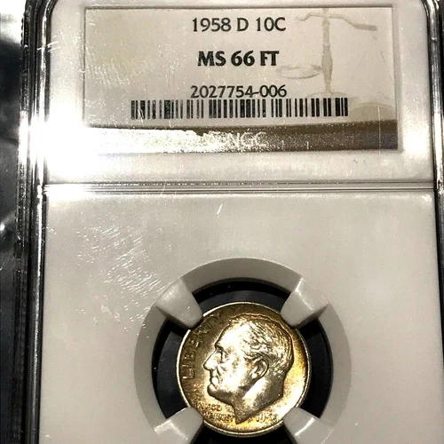 1958 D ROOSEVELT DIME NGC MS66  FT FULL TORCH  FB FULL BAND     T101