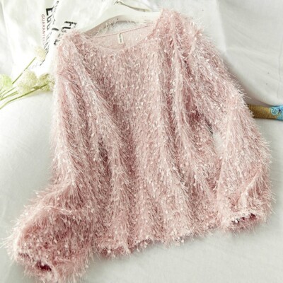 Lady Fluffy Tassels Pullover Jumper T shirt Crew Neck Puff Sleeve Loose Tops