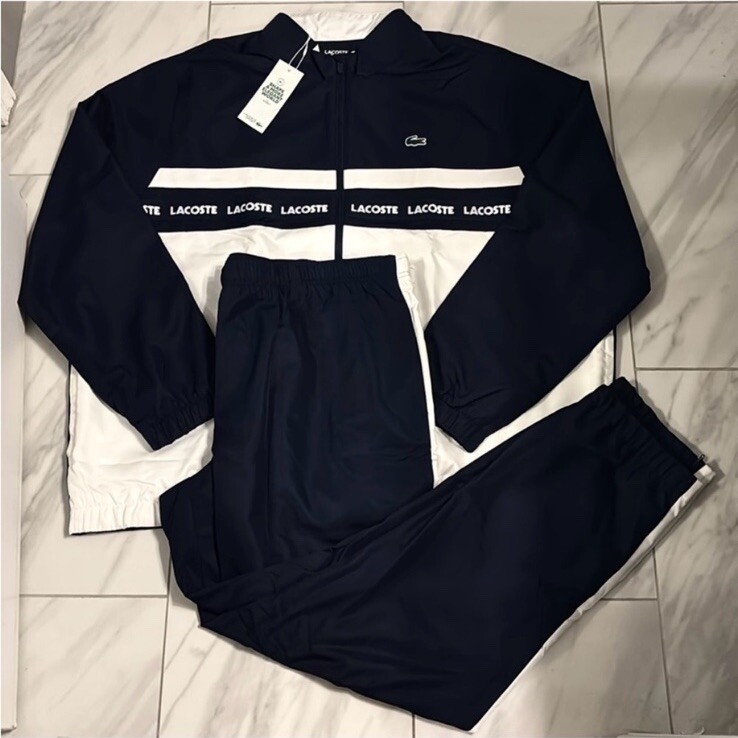 LACOSTE ホワイト ネイビー ジャージ Lacoste Men's Colorblock Zip-Up Hoodie & Jogger Set - Light