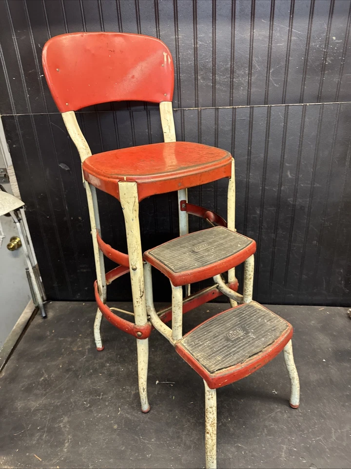 Primitive Century Cosco Retro Style Farmhouse Counter Chair/Step Stool Red White - Image 2 of 4