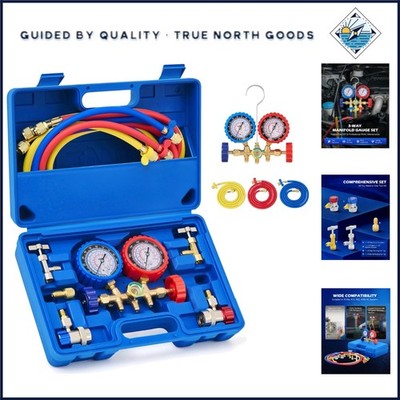 Car AC Gauge Kit with Adjustable Couplers and 5FT Reinforced Hoses Included