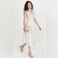 ULLA JOHNSON Rissa Midi Length Scoop Neck Linen Dress US 10 White Cream