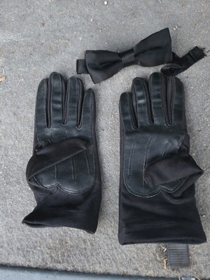 Vintage Black Formal Gloves & Bow Tie Stretch Nylon Faux Leather Dress Gloves