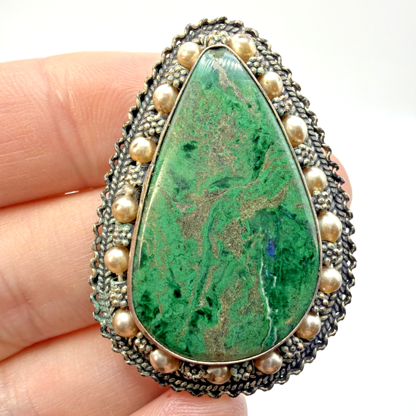 Vintage Israeli Sterling Silver Eilat Stone Brooch Pendant With Pearl Accents