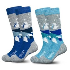 Merino Wool Ski Socks Kids, Knee-high Warm Thermal Small Grey Blue 2 Pairs