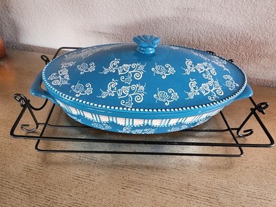 Temptations by Tara Floral Lace Seashell Blue Large Dish With Wire Holder LN