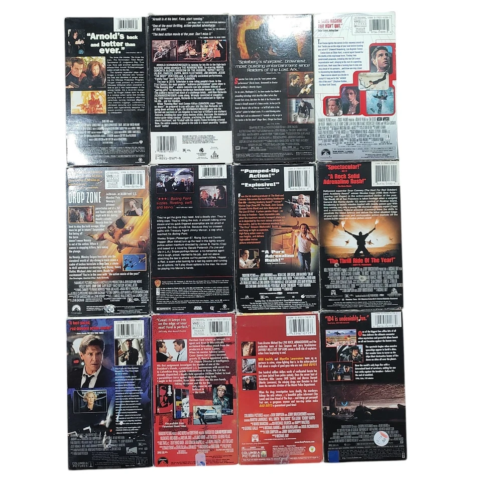 VHS Tapes Lot of 12 Movies Action Eraser Independence Day Bad Boys Con Air Rock Foto 2 de 4