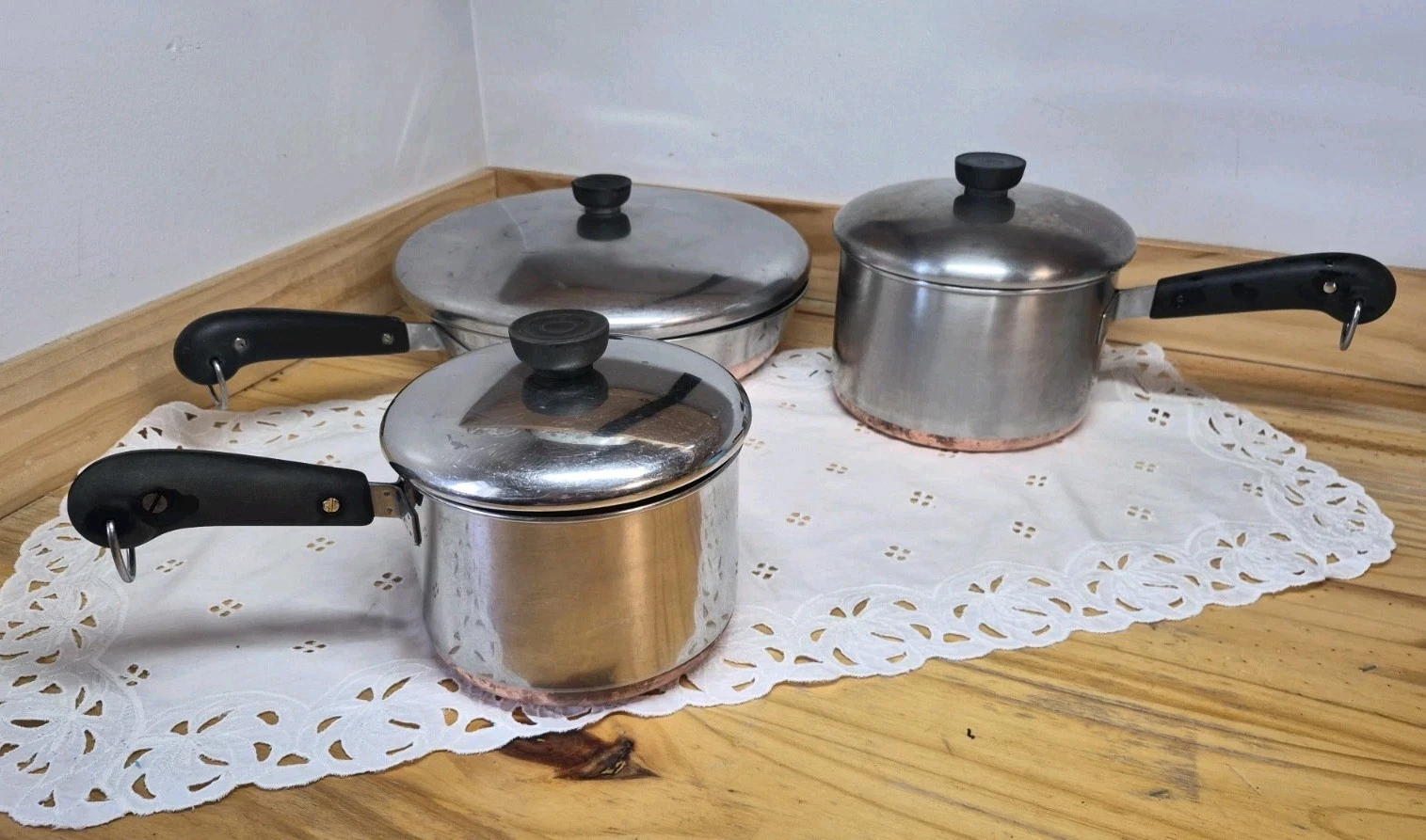VTG Revere Ware Copper Bottom 1801 USA. Set of 2Pots & Frying Pan w/ Lids